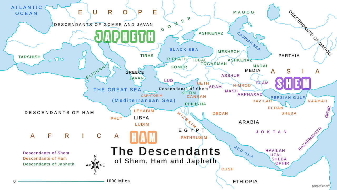 The Descendants of Shem, Ham, and Japheth Map bible map